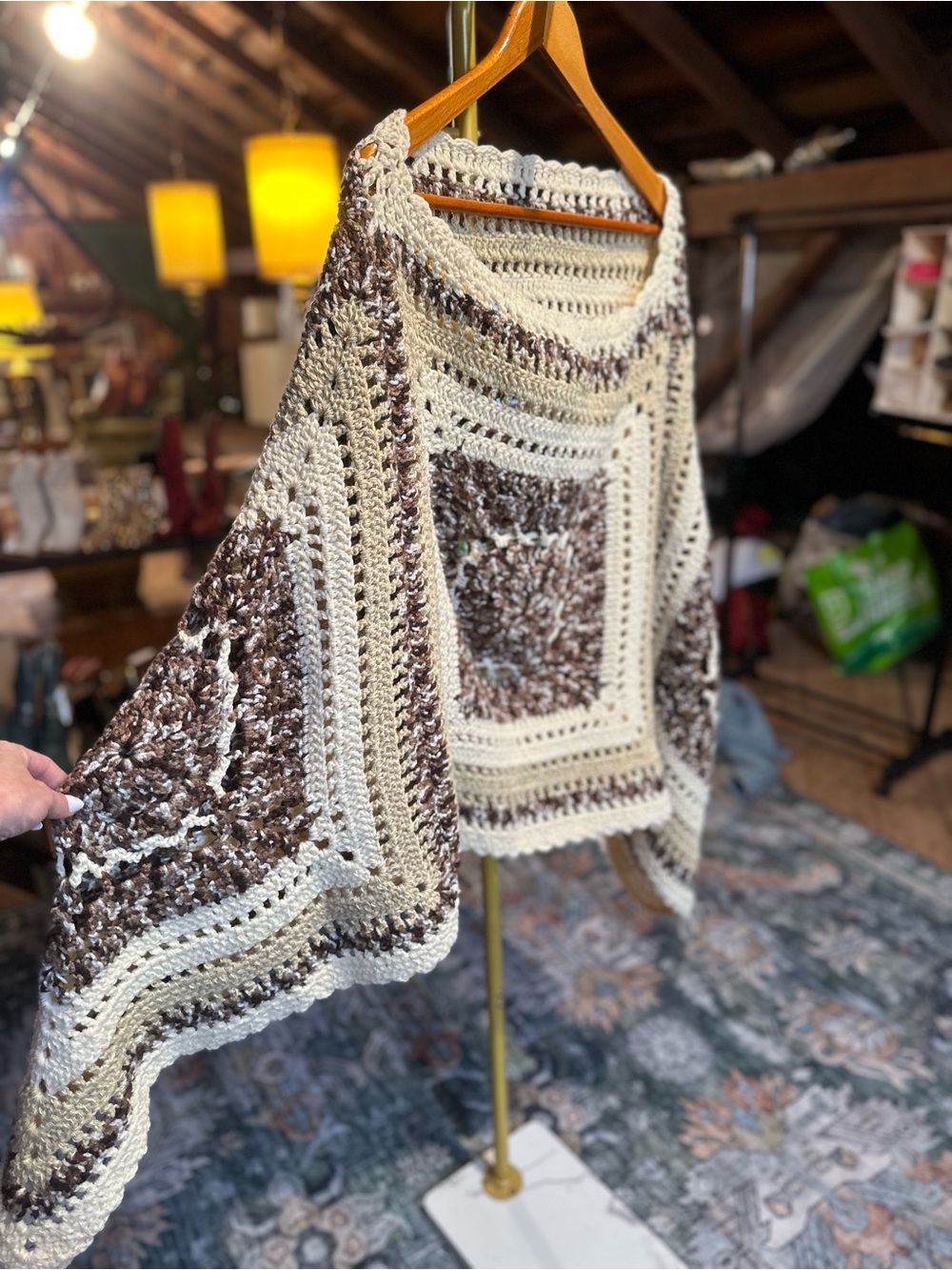 Cream and Brown Crochet Open Knit Women's Sweater
